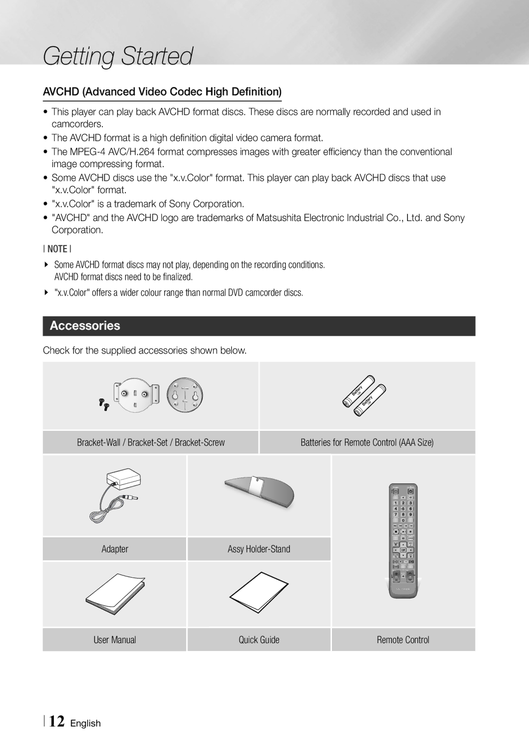 Samsung BD-ES7000/EN, BD-ES7000/XE Accessories, Avchd Advanced Video Codec High Definition, Quick Guide Remote Control 