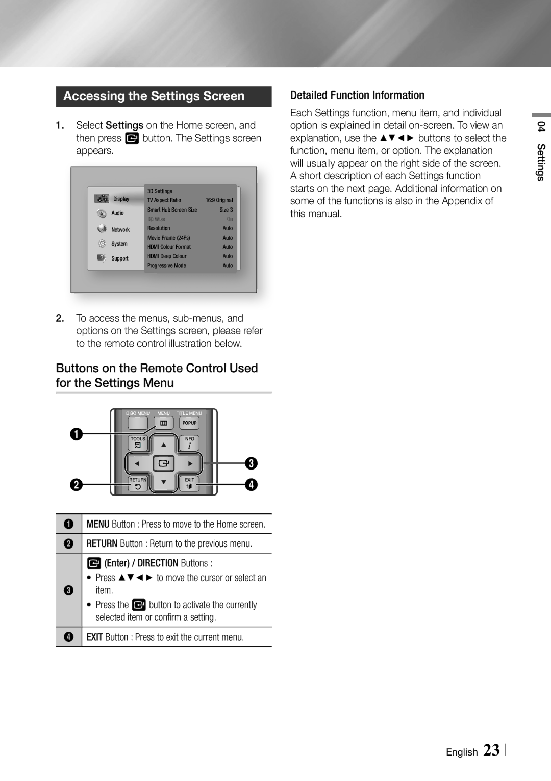 Samsung BD-ES7000/XE, BD-ES7000/EN Accessing the Settings Screen, Buttons on the Remote Control Used for the Settings Menu 