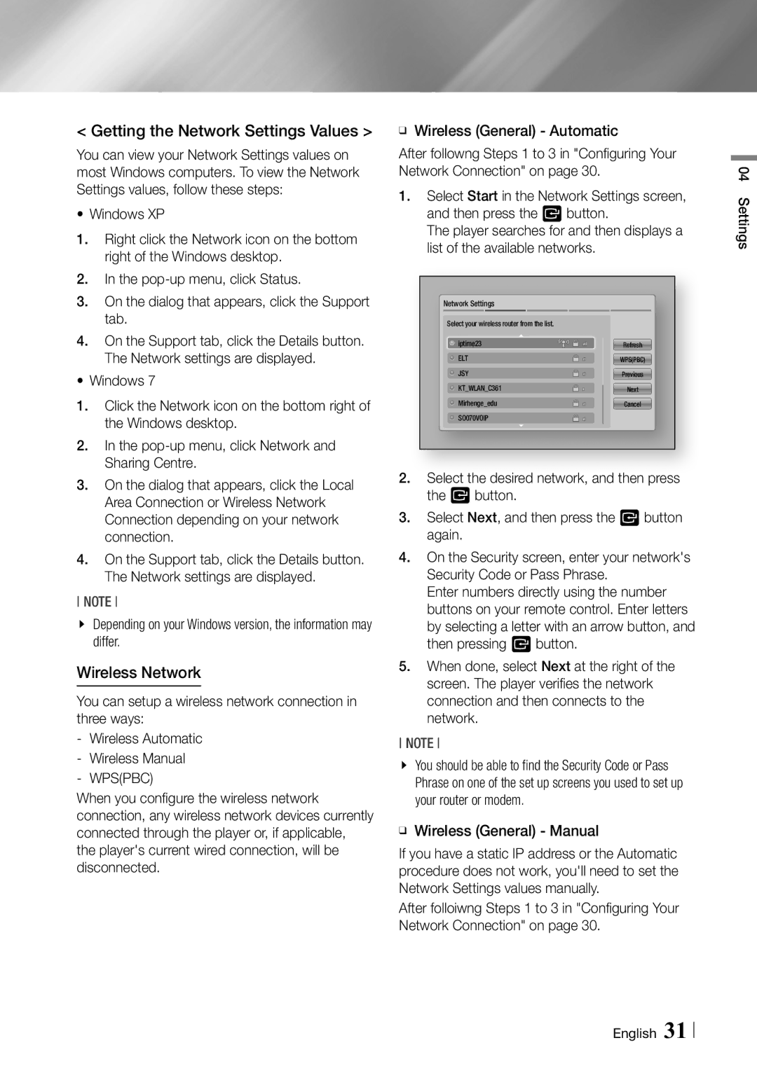 Samsung BD-ES7000/XE, BD-ES7000/EN manual Getting the Network Settings Values, Wireless Network, ĞĞ Wireless General Manual 