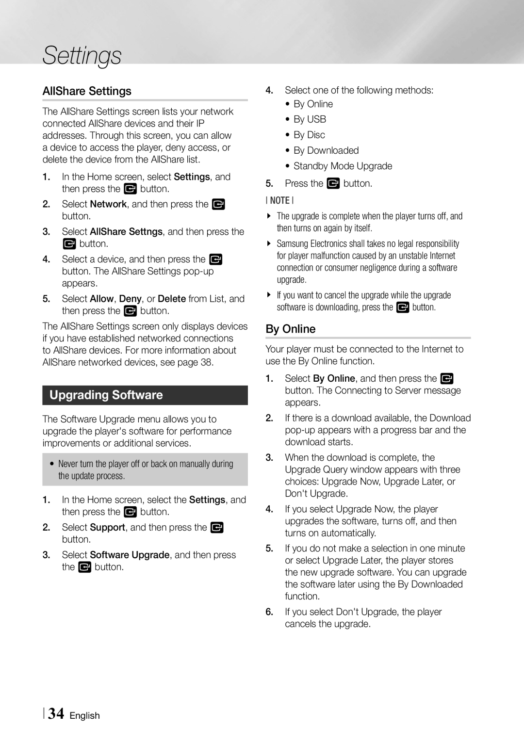 Samsung BD-ES7000/EN, BD-ES7000/XE manual AllShare Settings, Upgrading Software, By Online 