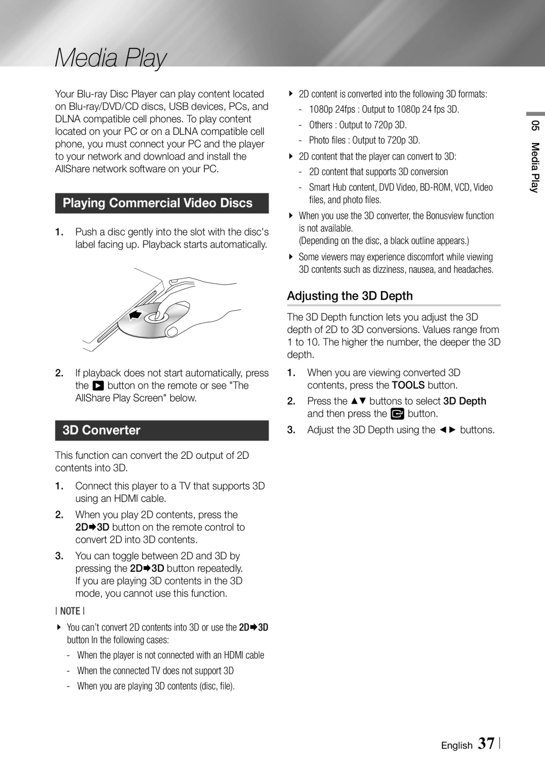 Samsung BD-ES7000/XE, BD-ES7000/EN manual Media Play, Playing Commercial Video Discs, 3D Converter, Adjusting the 3D Depth 