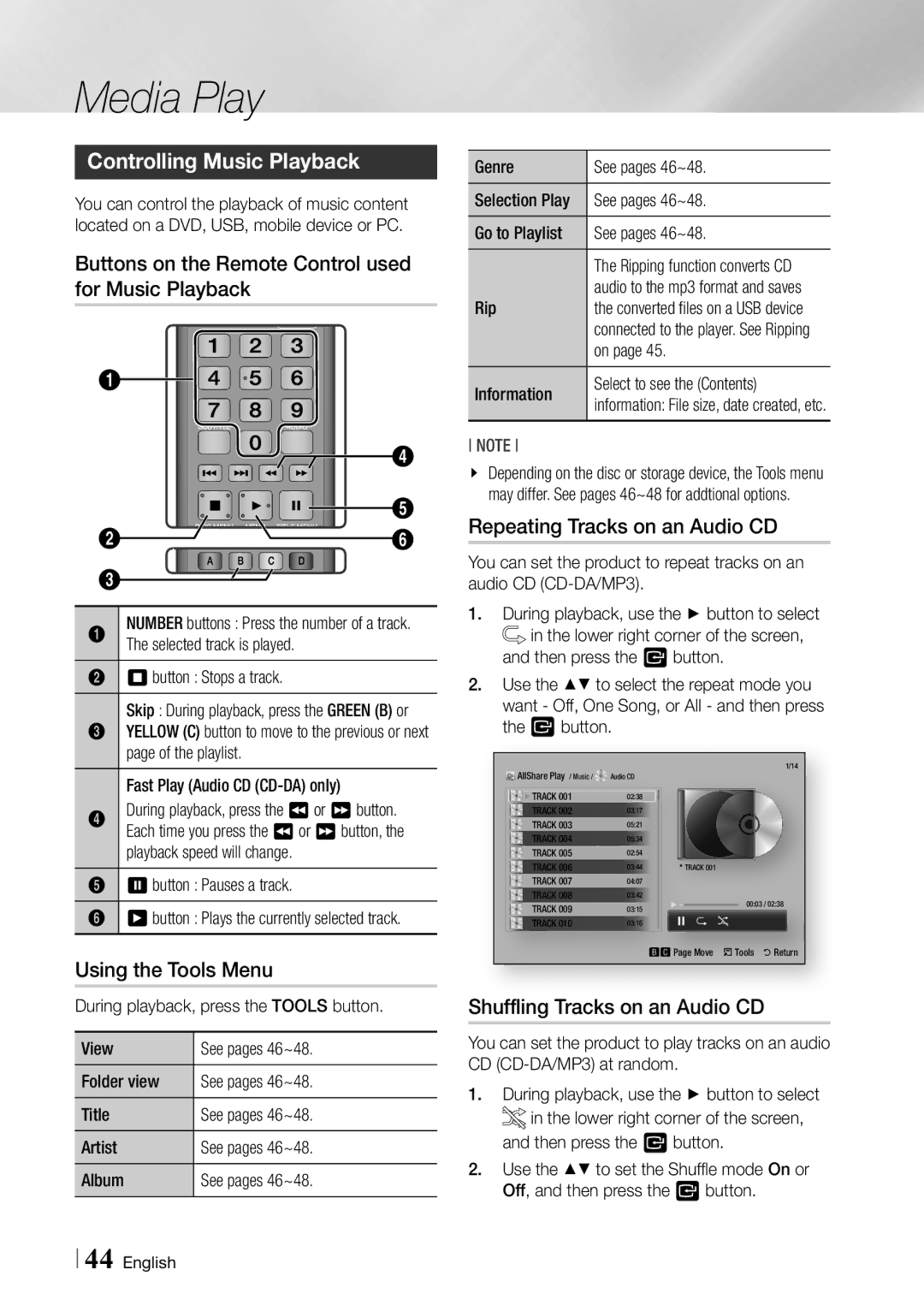 Samsung BD-ES7000/EN, BD-ES7000/XE manual Controlling Music Playback, Buttons on the Remote Control used for Music Playback 