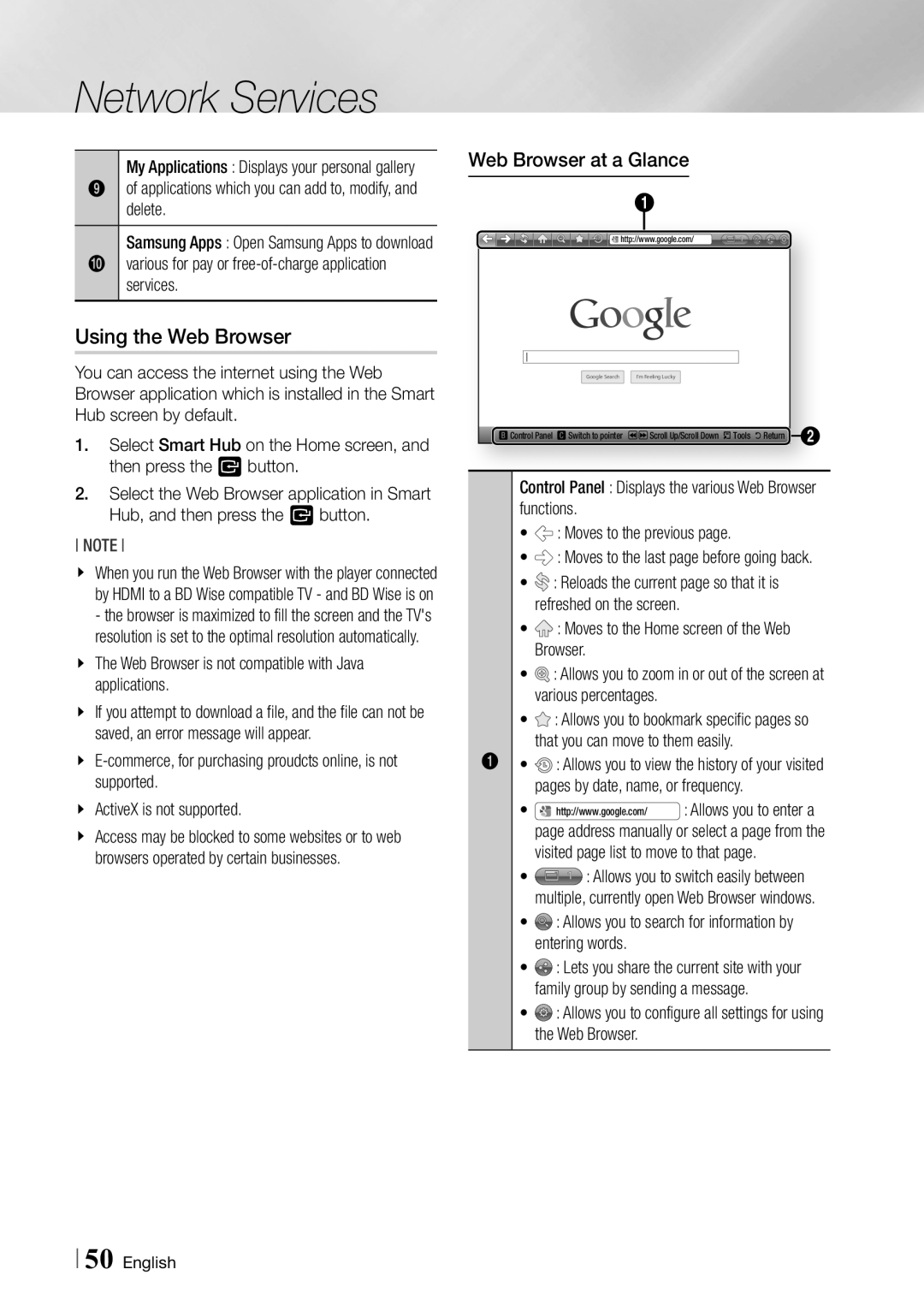 Samsung BD-ES7000/EN, BD-ES7000/XE manual Using the Web Browser, Web Browser at a Glance 