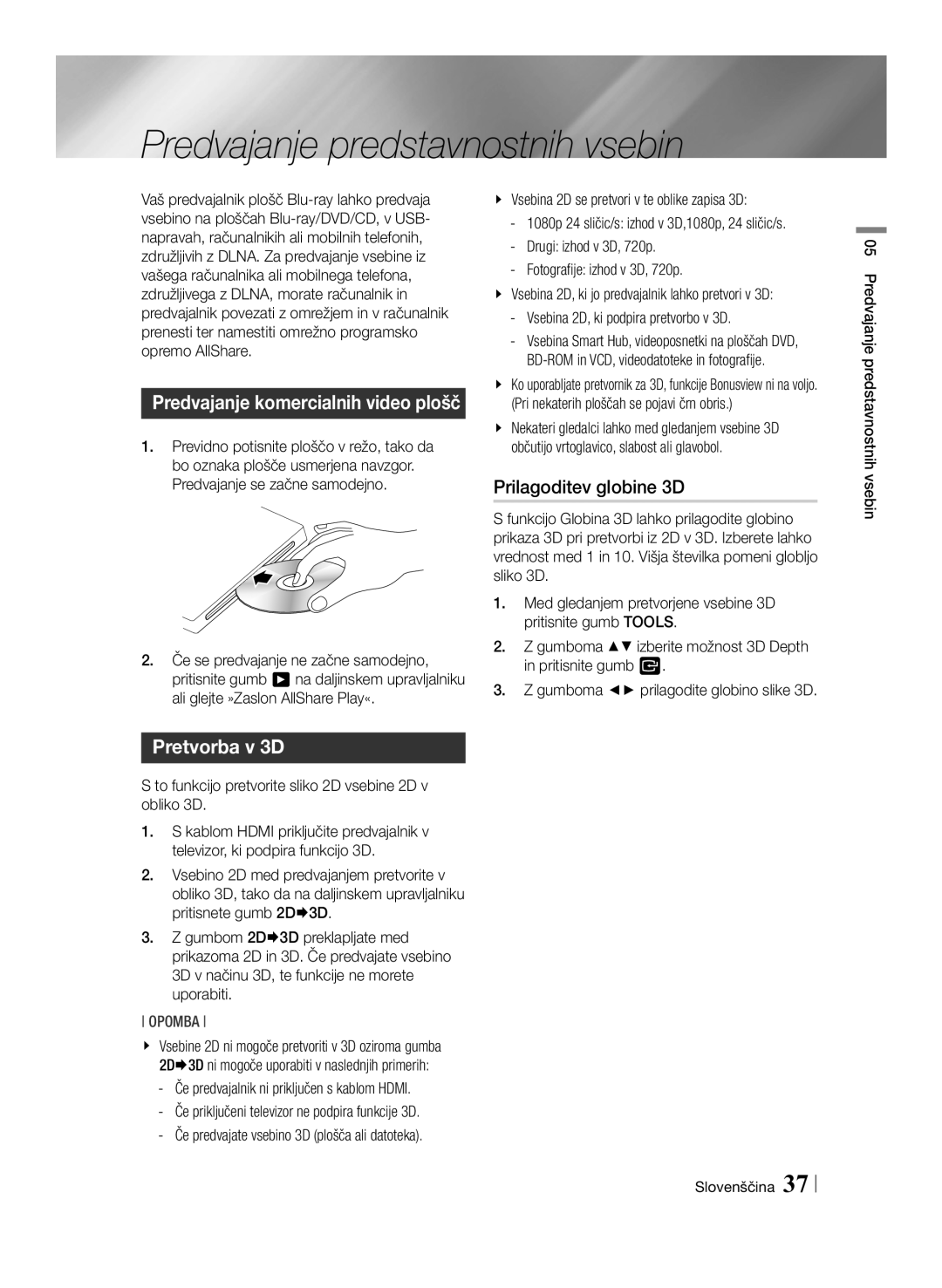 Samsung BD-ES7000/XE, BD-ES7000/EN manual Predvajanje predstavnostnih vsebin, Prilagoditev globine 3D, Pretvorba v 3D 