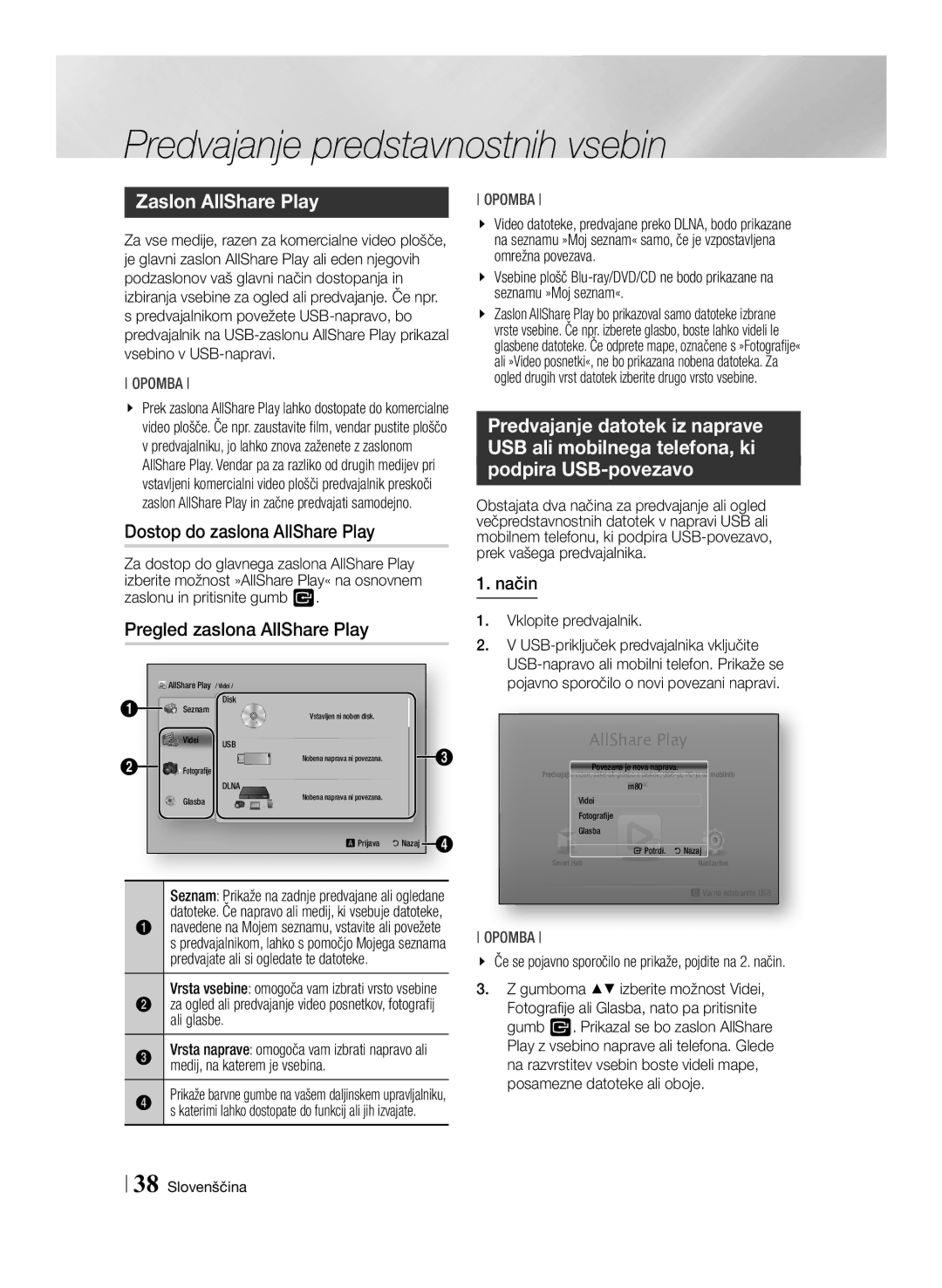 Samsung BD-ES7000/EN manual Zaslon AllShare Play, Dostop do zaslona AllShare Play, Pregled zaslona AllShare Play, Način 