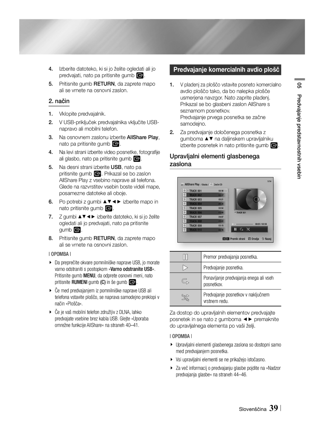 Samsung BD-ES7000/XE, BD-ES7000/EN manual Predvajanje komercialnih avdio plošč, Upravljalni elementi glasbenega zaslona 