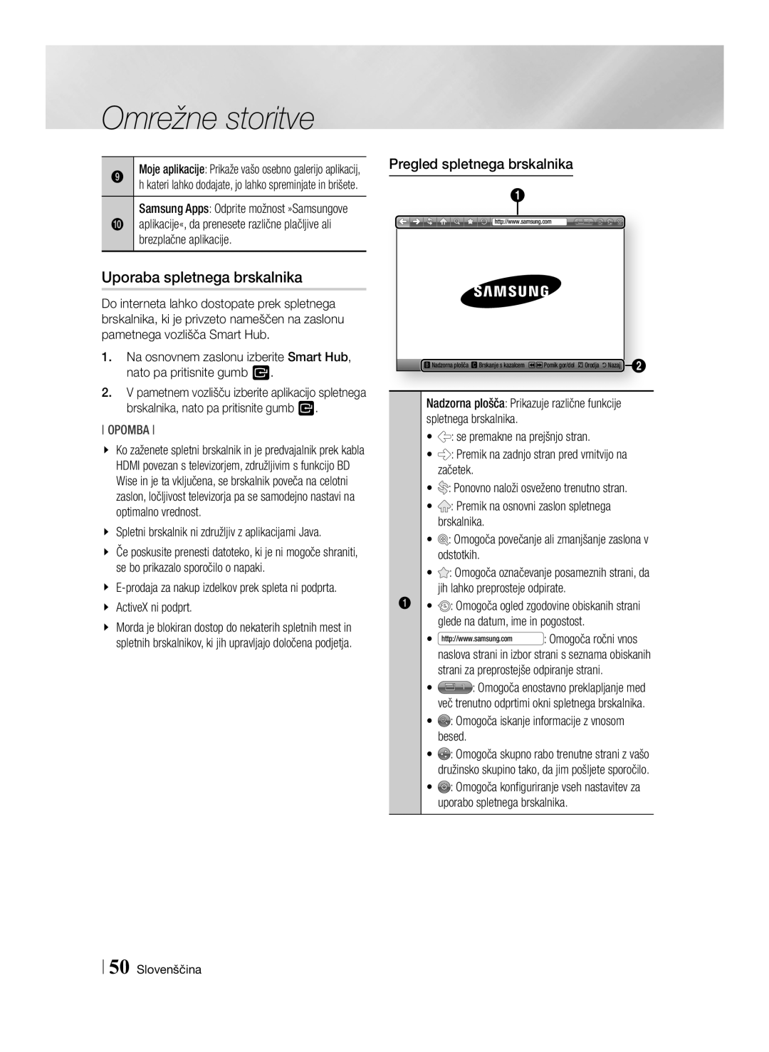 Samsung BD-ES7000/EN, BD-ES7000/XE manual Uporaba spletnega brskalnika, Pregled spletnega brskalnika 