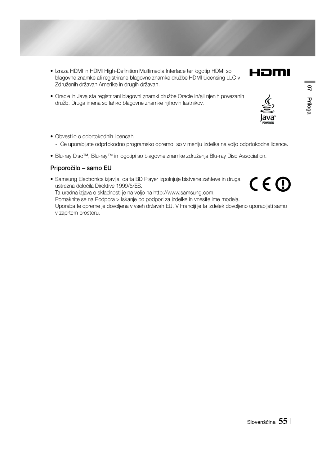 Samsung BD-ES7000/XE, BD-ES7000/EN manual Priporočilo samo EU 