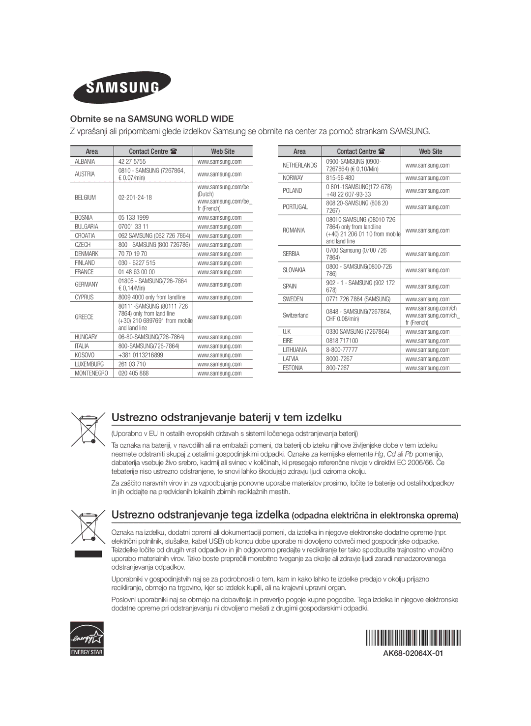 Samsung BD-ES7000/XE, BD-ES7000/EN manual Ustrezno odstranjevanje baterij v tem izdelku, Area 