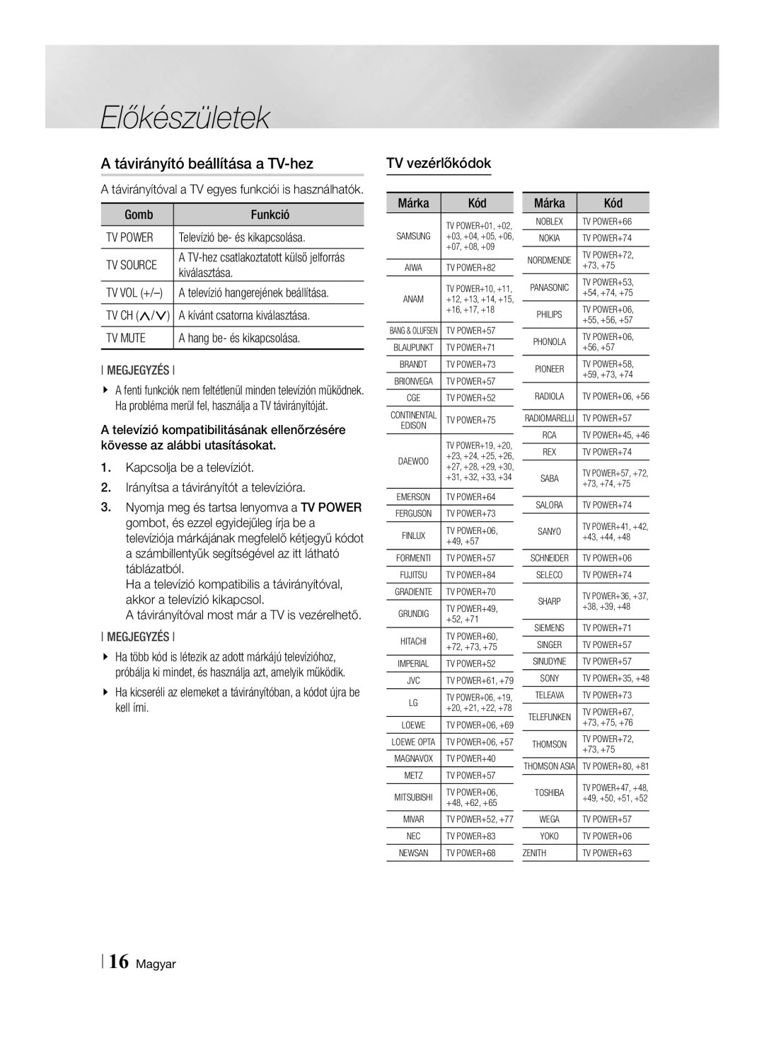 Samsung BD-ES7000/EN, BD-ES7000/XE manual Távirányító beállítása a TV-hez, TV vezérlőkódok, TV Power, TV Mute 