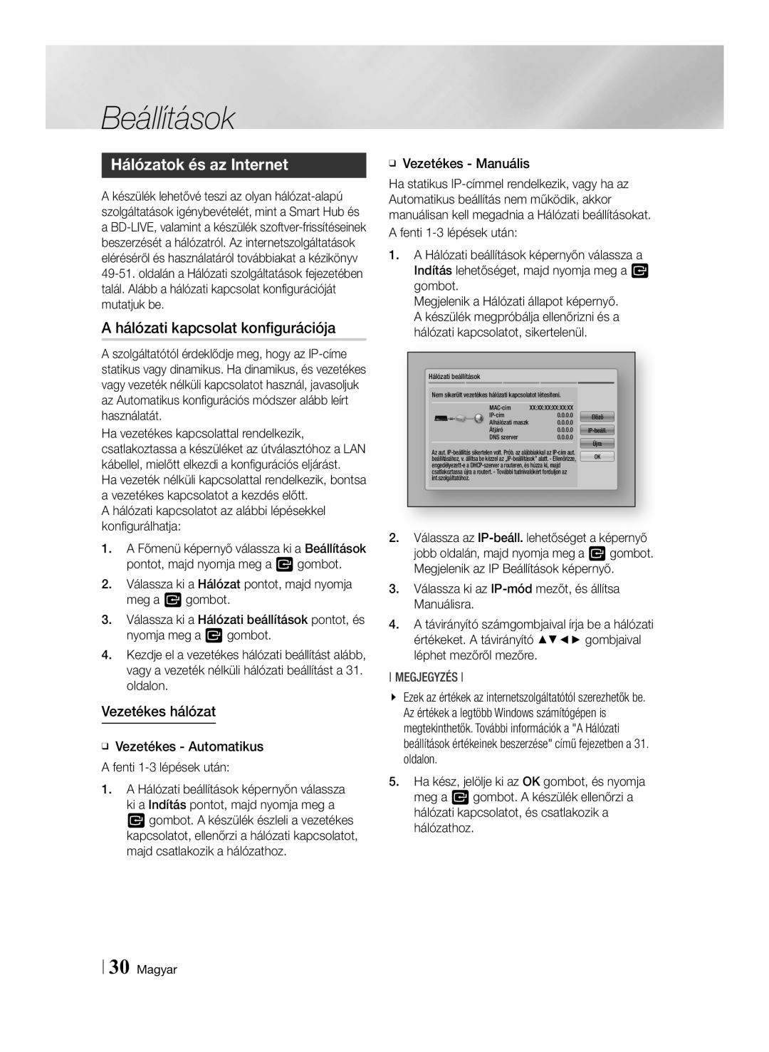 Samsung BD-ES7000/EN, BD-ES7000/XE manual Hálózatok és az Internet, Hálózati kapcsolat konfigurációja, Vezetékes hálózat 