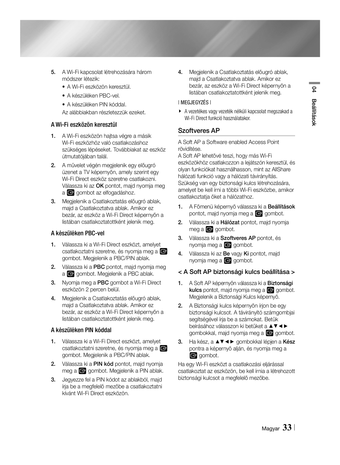 Samsung BD-ES7000/XE, BD-ES7000/EN manual Szoftveres AP, Wi-Fi eszközön keresztül, Készüléken PBC-vel, Készüléken PIN kóddal 