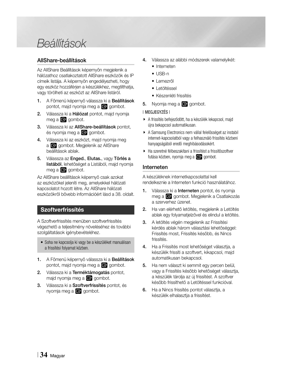 Samsung BD-ES7000/EN, BD-ES7000/XE manual AllShare-beállítások, Szoftverfrissítés, Interneten 