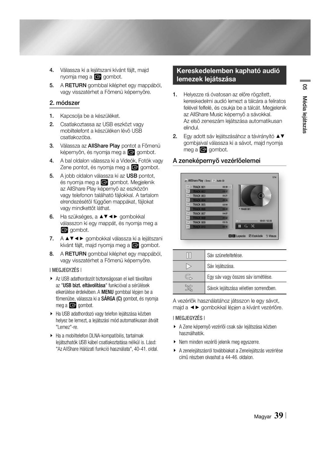 Samsung BD-ES7000/XE, BD-ES7000/EN manual Kereskedelemben kapható audió lemezek lejátszása, Zeneképernyő vezérlőelemei 