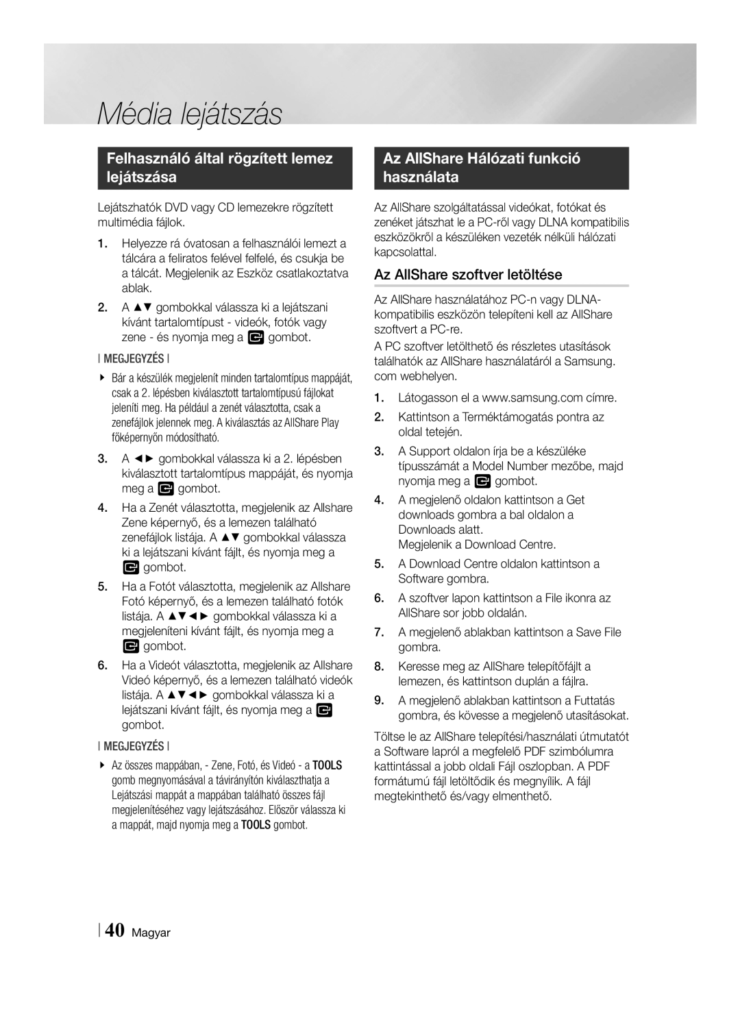 Samsung BD-ES7000/EN manual Felhasználó által rögzített lemez lejátszása, Az AllShare Hálózati funkció használata, Gombot 