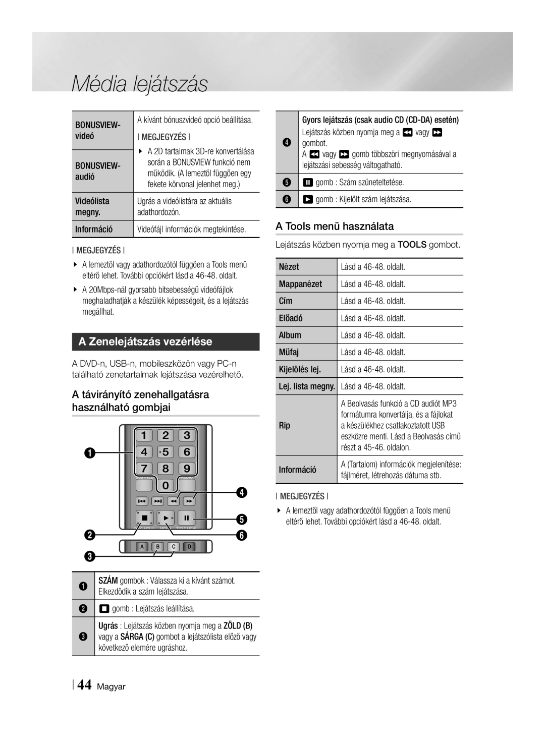 Samsung BD-ES7000/EN, BD-ES7000/XE Zenelejátszás vezérlése, Távirányító zenehallgatásra használható gombjai, Bonusview 