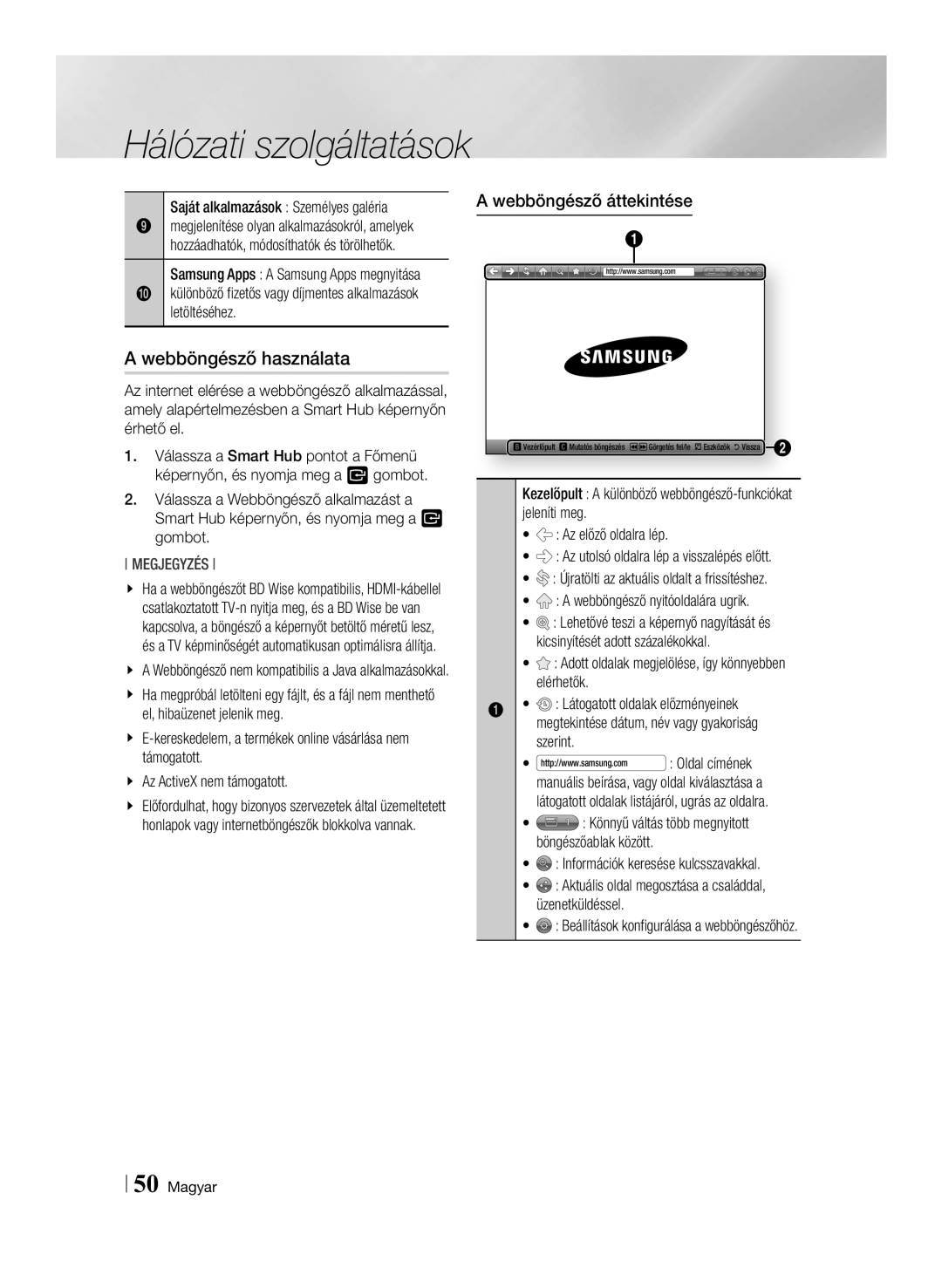 Samsung BD-ES7000/EN, BD-ES7000/XE Webböngésző használata, Saját alkalmazások Személyes galéria, Webböngésző áttekintése 