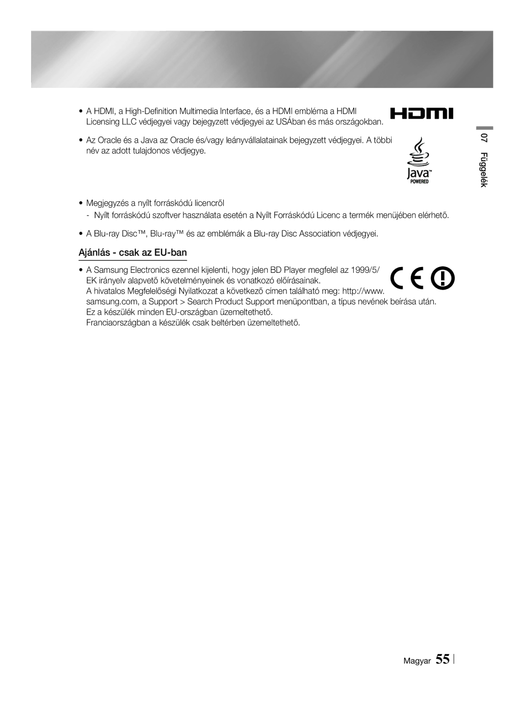 Samsung BD-ES7000/XE, BD-ES7000/EN manual Ajánlás csak az EU-ban 