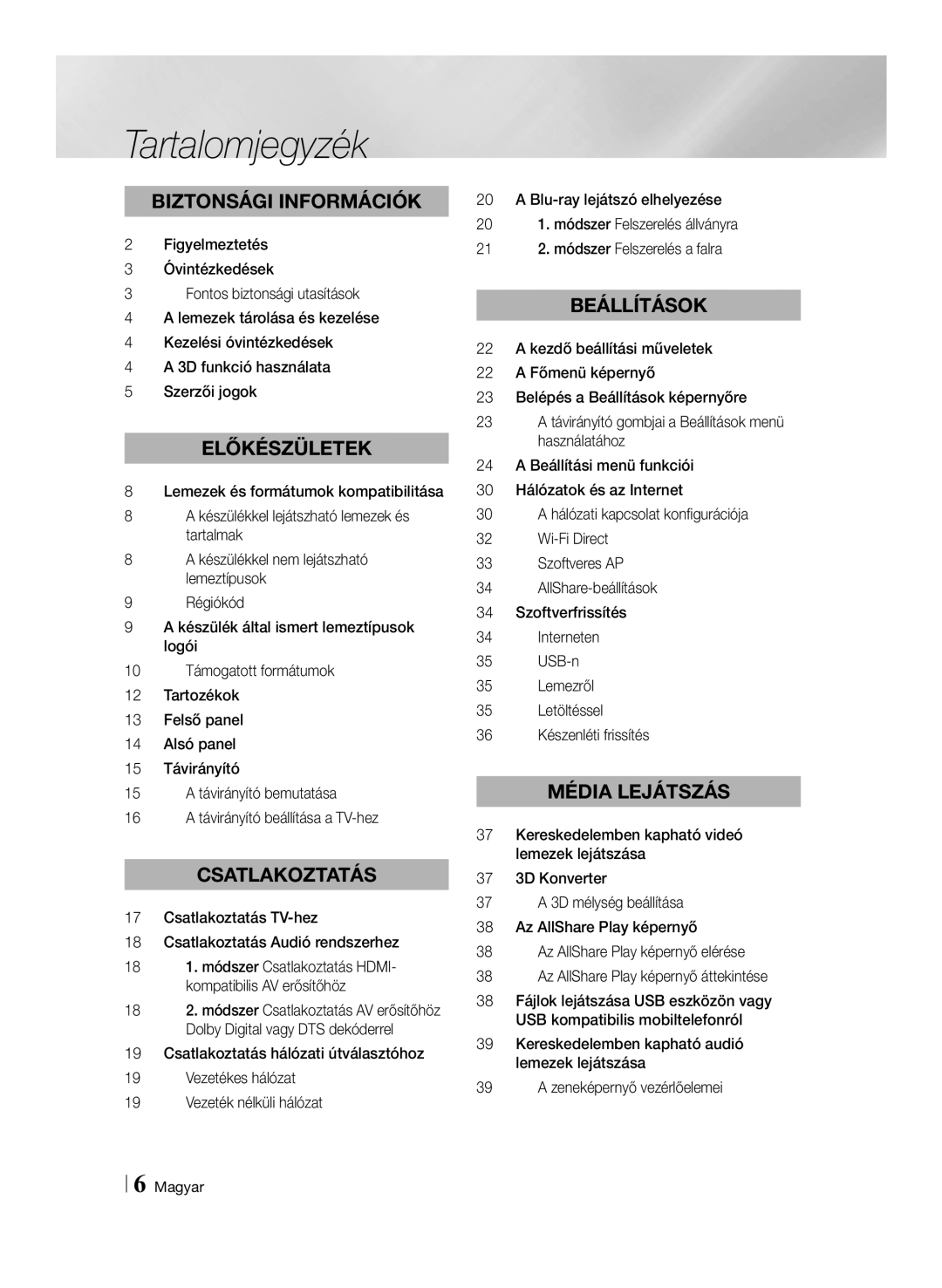 Samsung BD-ES7000/EN, BD-ES7000/XE manual Tartalomjegyzék, Csatlakoztatás TV-hez Csatlakoztatás Audió rendszerhez 