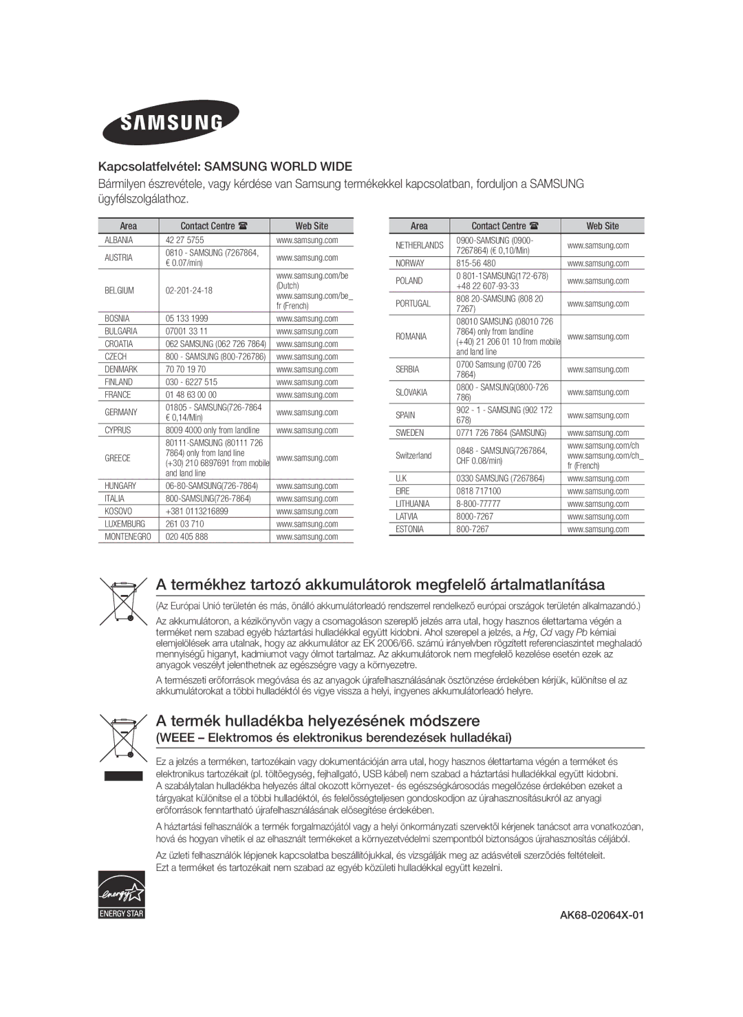 Samsung BD-ES7000/EN, BD-ES7000/XE manual Termékhez tartozó akkumulátorok megfelelő ártalmatlanítása, Area, Web Site 