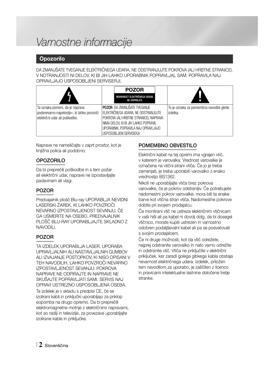 Samsung BD-ES7000/EN, BD-ES7000/XE Varnostne informacije, Opozorilo, Izdelka, Električni udar ali poškodbo, Slovenščina 