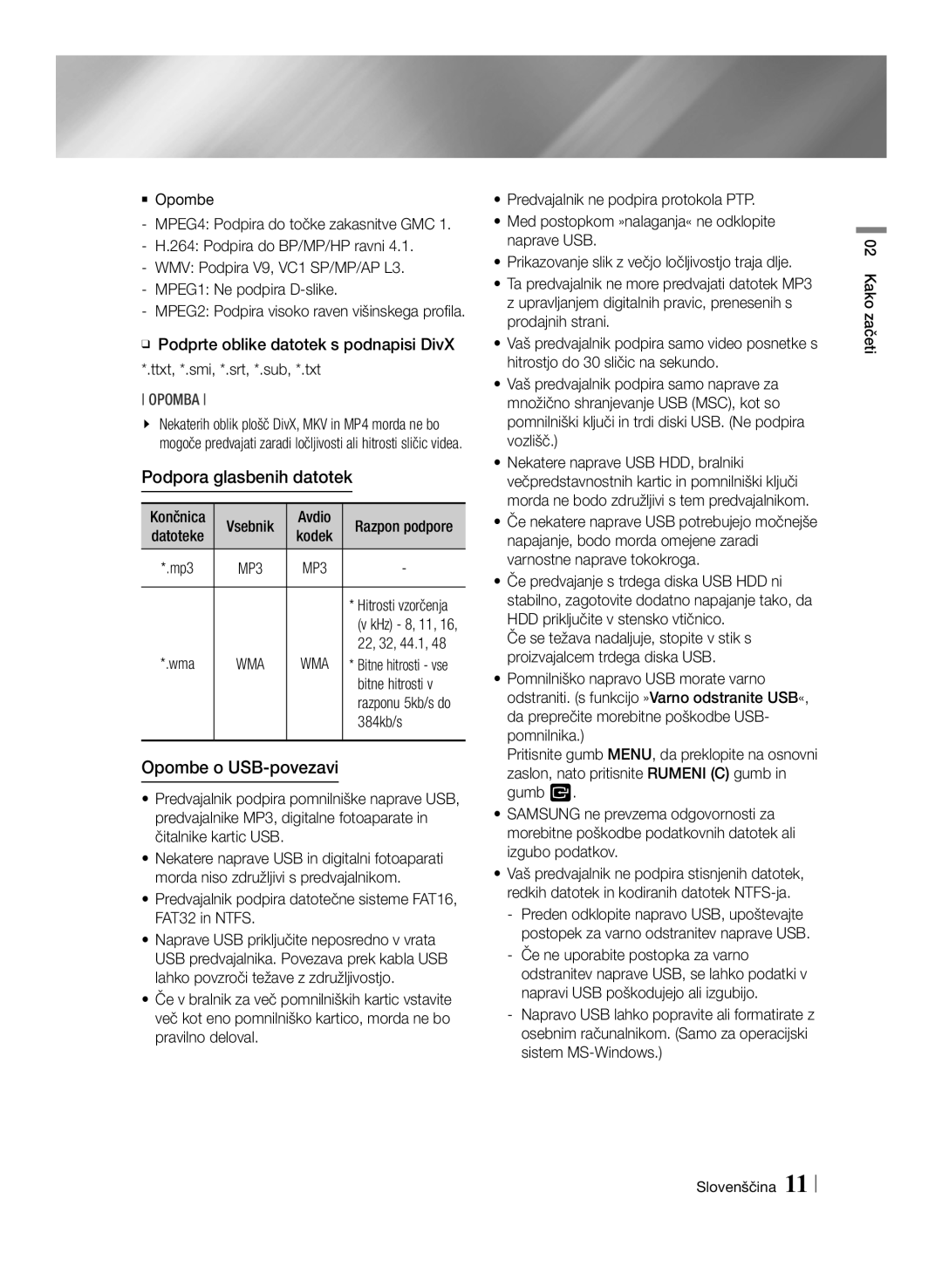 Samsung BD-ES7000/XE, BD-ES7000/EN manual Podpora glasbenih datotek, Opombe o USB-povezavi, Bitne hitrosti, 384kb/s 