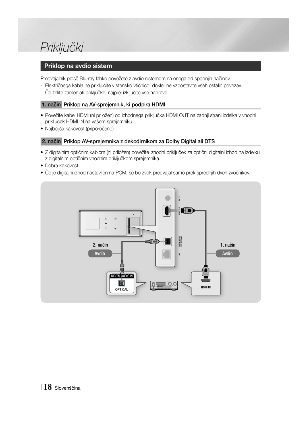 Samsung BD-ES7000/EN, BD-ES7000/XE manual Priklop na avdio sistem, Način Avdio 