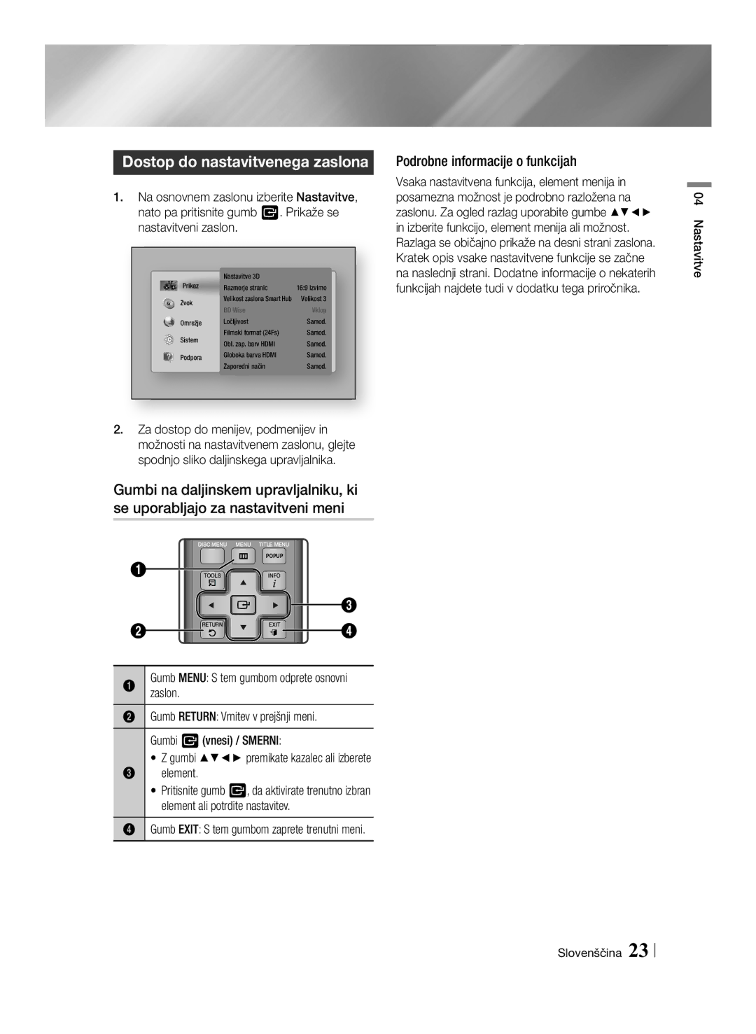 Samsung BD-ES7000/XE Dostop do nastavitvenega zaslona, Podrobne informacije o funkcijah, Gumbi vvnesi / Smerni, Element 