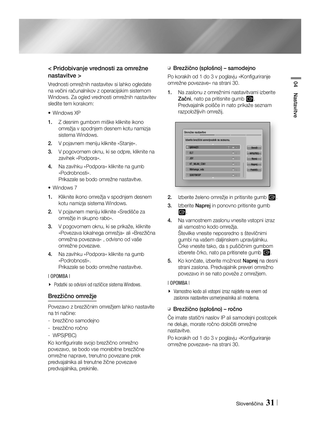 Samsung BD-ES7000/XE manual Pridobivanje vrednosti za omrežne nastavitve, Brezžično omrežje, ĞĞ Brezžično splošno samodejno 