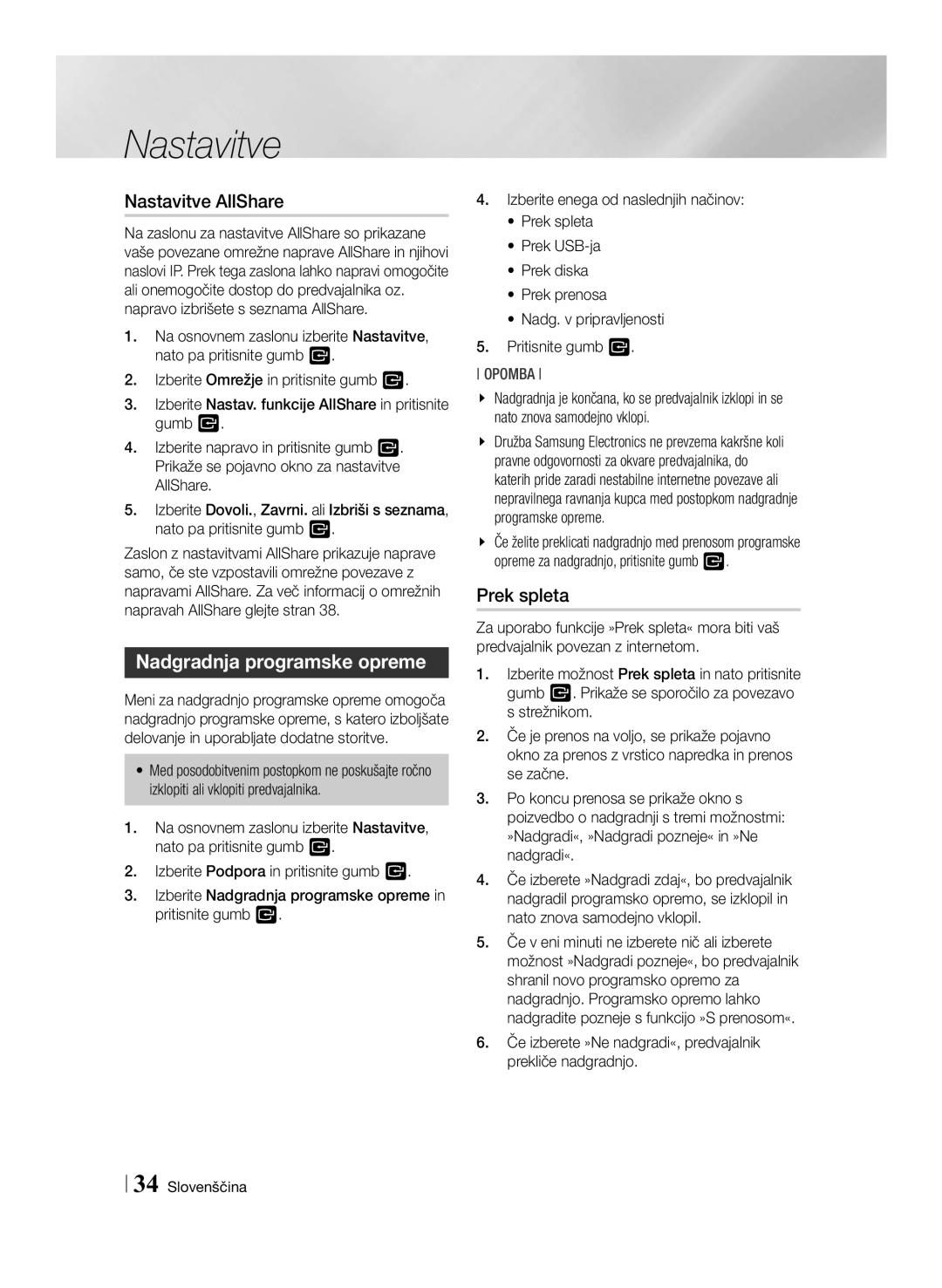 Samsung BD-ES7000/EN, BD-ES7000/XE manual Nastavitve AllShare, Nadgradnja programske opreme, Prek spleta 