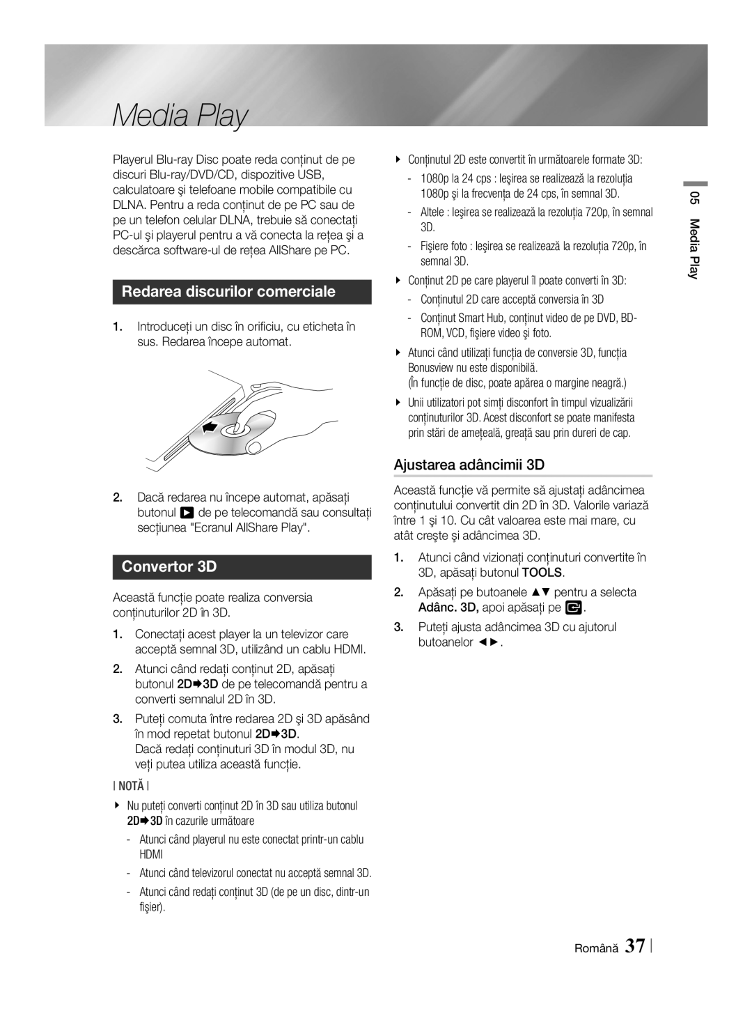 Samsung BD-ES7000/EN manual Media Play, Redarea discurilor comerciale, Convertor 3D, Ajustarea adâncimii 3D, Fişier 