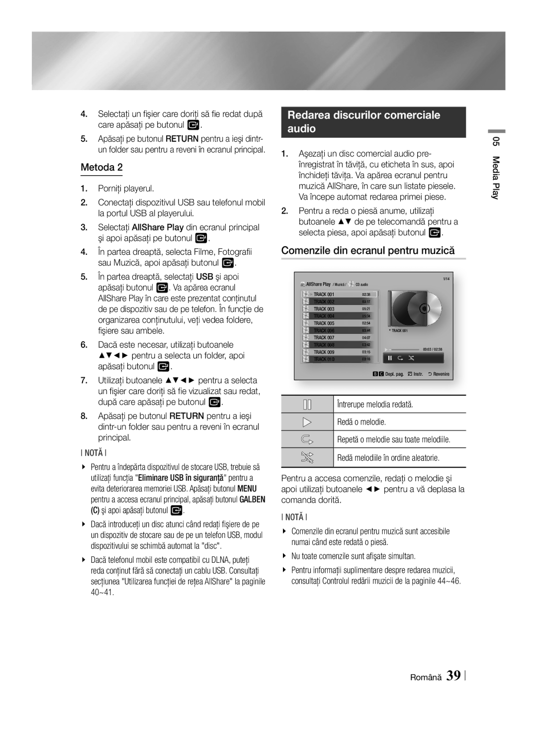 Samsung BD-ES7000/EN Redarea discurilor comerciale audio, Comenzile din ecranul pentru muzică, Şi apoi apăsaţi butonul 