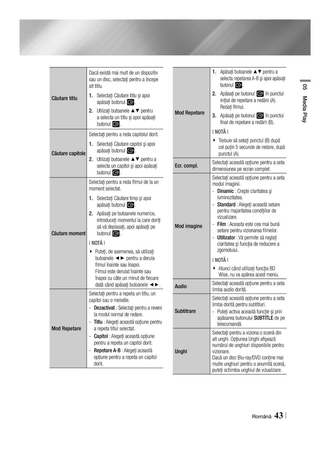 Samsung BD-ES7000/EN Alt titlu, Căutare titlu, Apăsaţi butonul, Moment selectat, Filmul înainte sau înapoi, Mod Repetare 