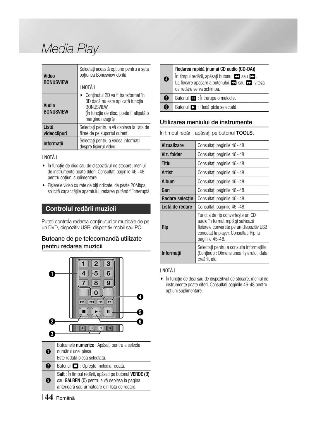 Samsung BD-ES7000/EN manual Controlul redării muzicii, Butoane de pe telecomandă utilizate pentru redarea muzicii 