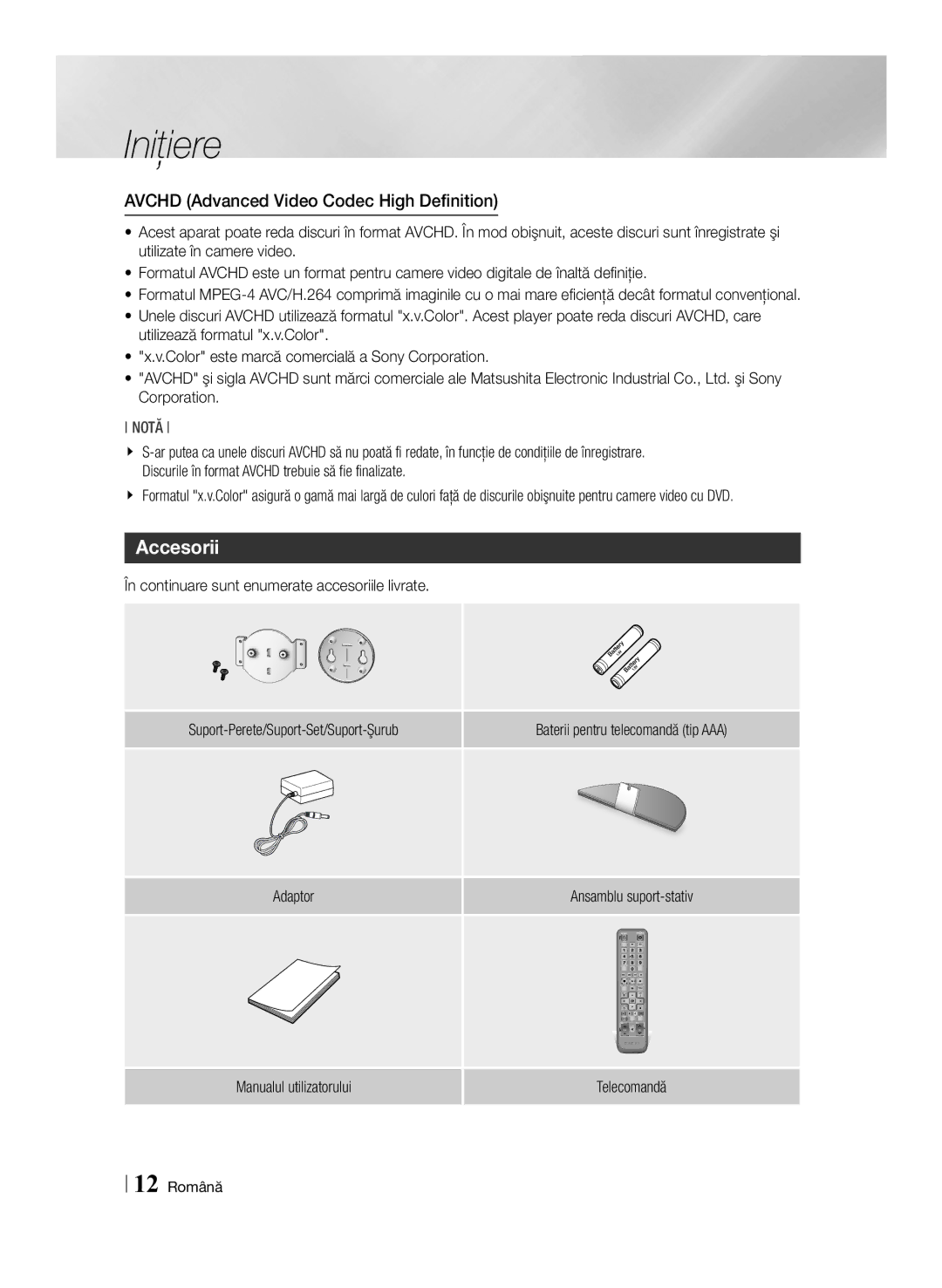 Samsung BD-ES7000/EN manual Accesorii, Avchd Advanced Video Codec High Definition, 12 Română 