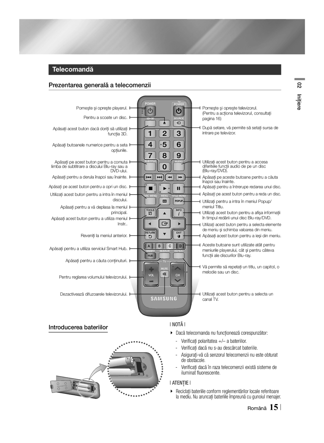 Samsung BD-ES7000/EN manual Telecomandă, Prezentarea generală a telecomenzii 