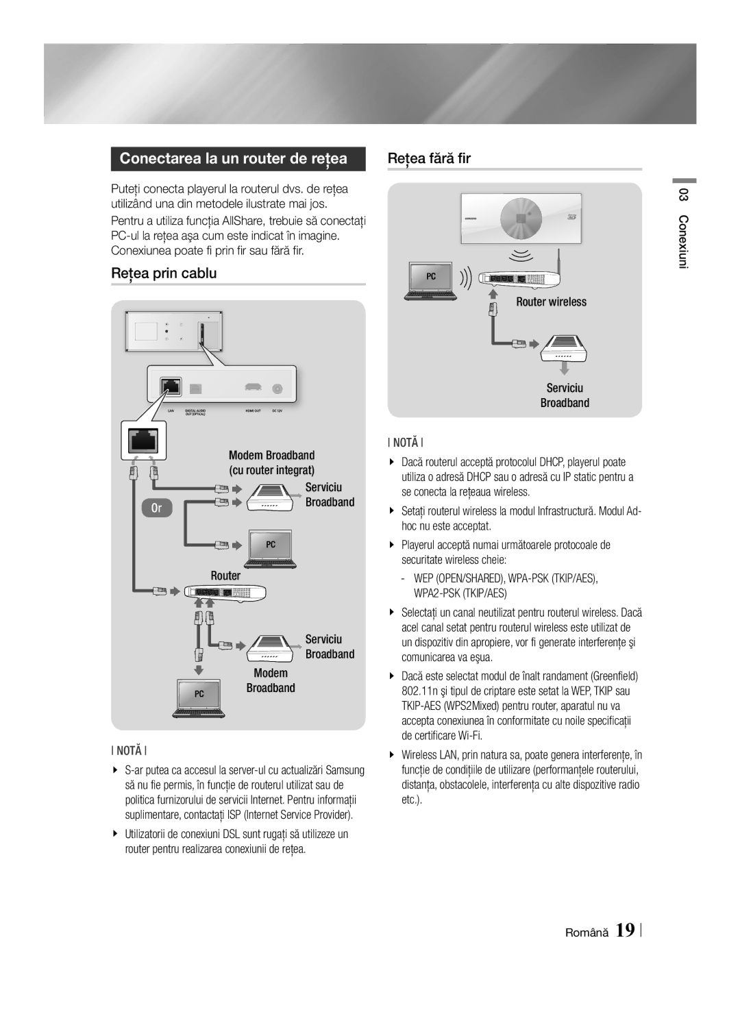 Samsung BD-ES7000/EN manual Conectarea la un router de reţea, Reţea prin cablu, Reţea fără fir 