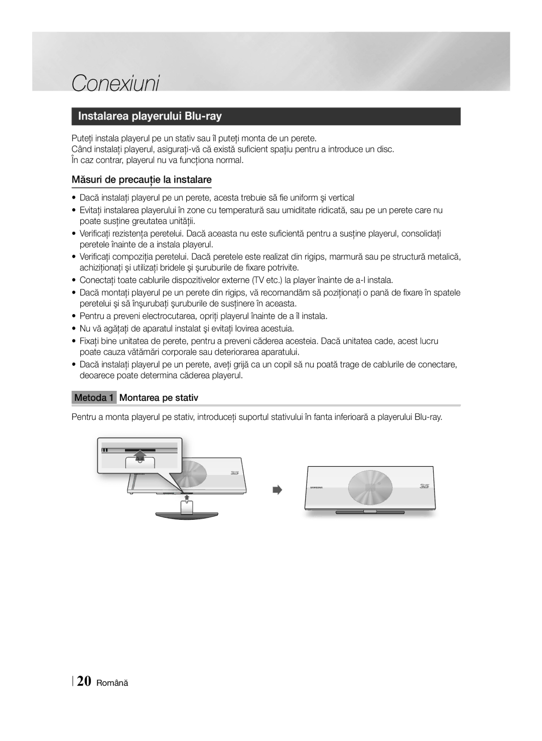 Samsung BD-ES7000/EN manual Instalarea playerului Blu-ray, Măsuri de precauţie la instalare, 20 Română 