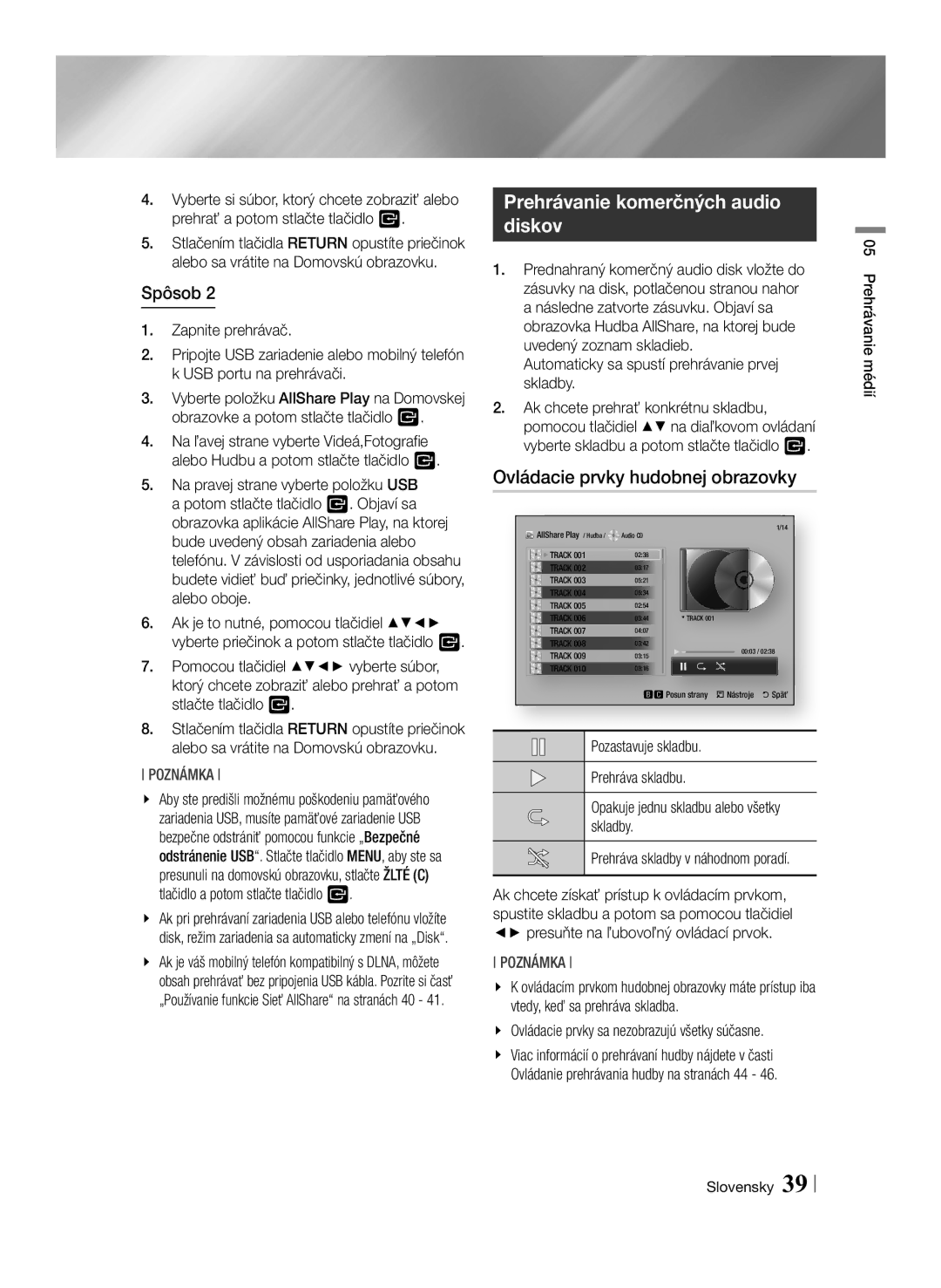 Samsung BD-ES7000/EN manual Prehrávanie komerčných audio diskov, Ovládacie prvky hudobnej obrazovky 