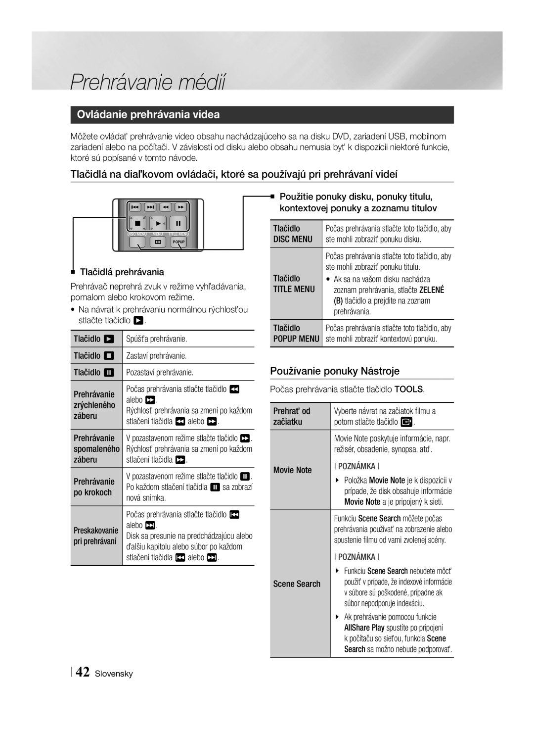 Samsung BD-ES7000/EN manual Ovládanie prehrávania videa, Používanie ponuky Nástroje 