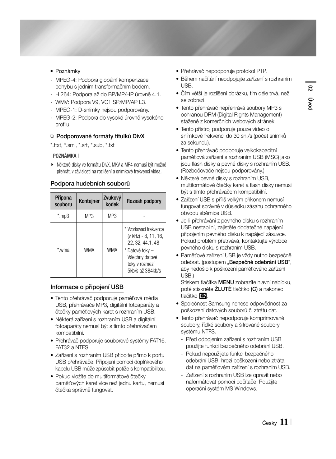 Samsung BD-ES7000/EN manual Podpora hudebních souborů, Informace o připojení USB, `` Poznámky, Datové toky, Toky v rozmezí 