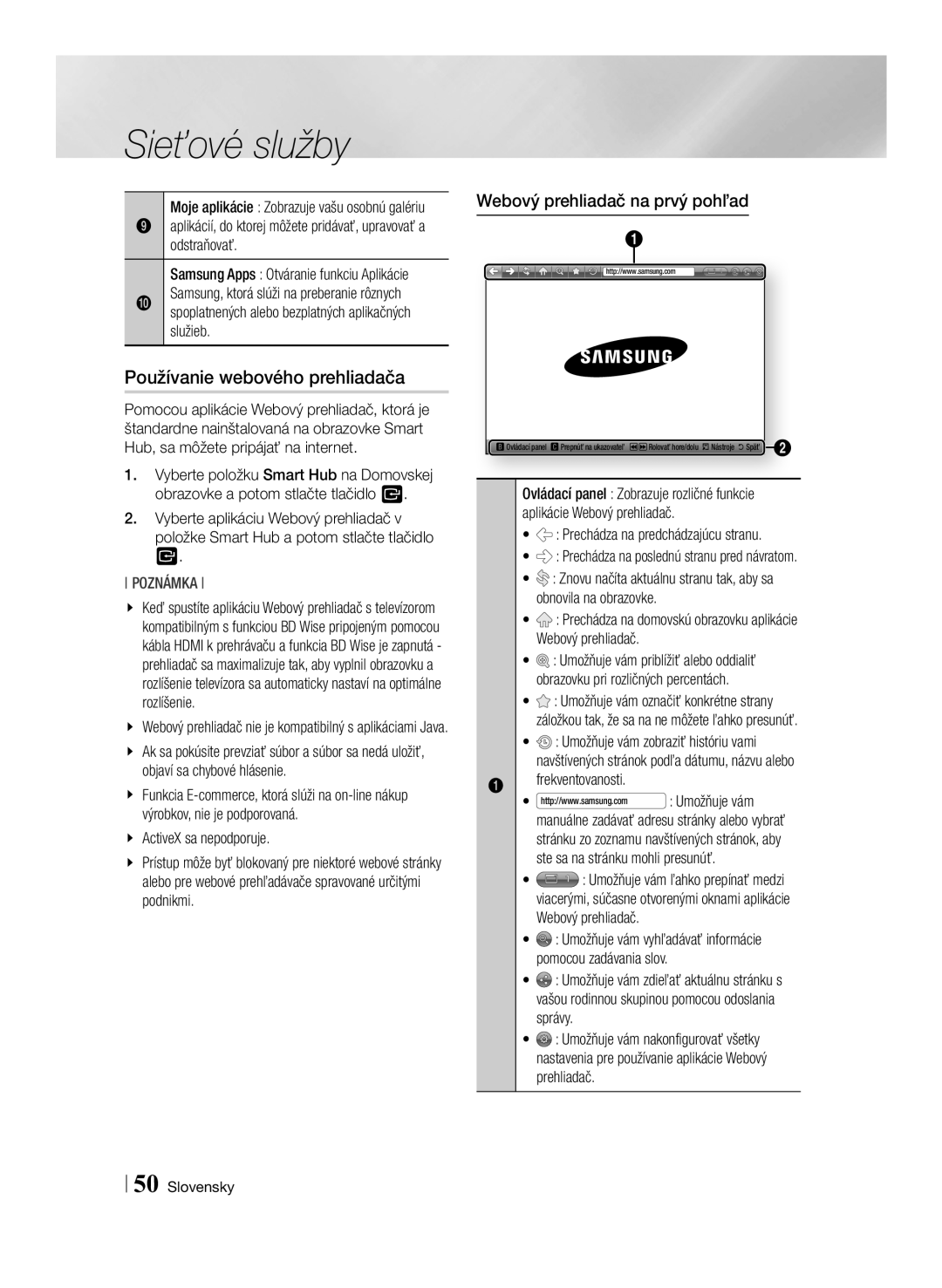 Samsung BD-ES7000/EN manual Používanie webového prehliadača, Webový prehliadač na prvý pohľad 