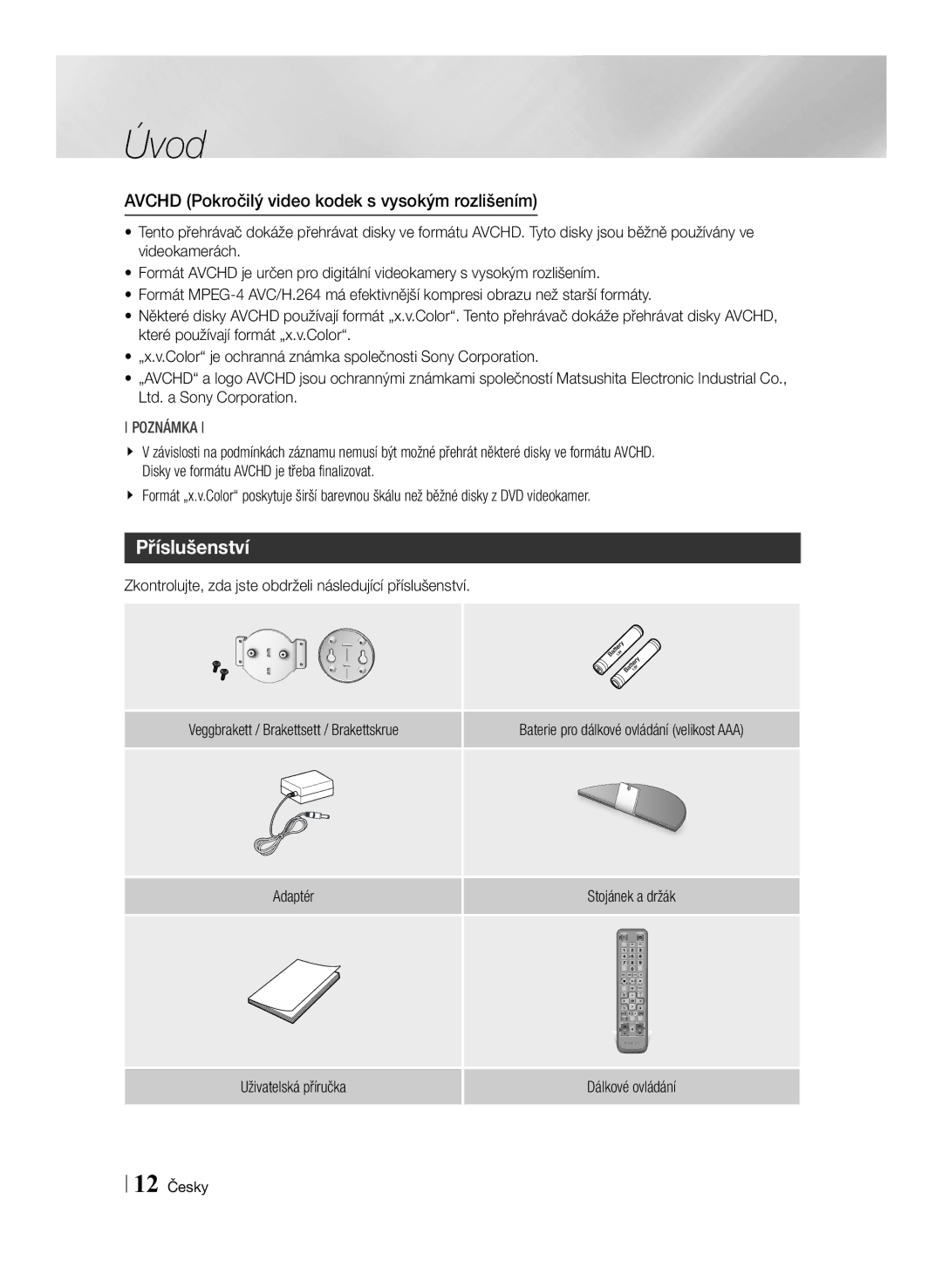 Samsung BD-ES7000/EN manual Příslušenství, Avchd Pokročilý video kodek s vysokým rozlišením, 12 Česky 