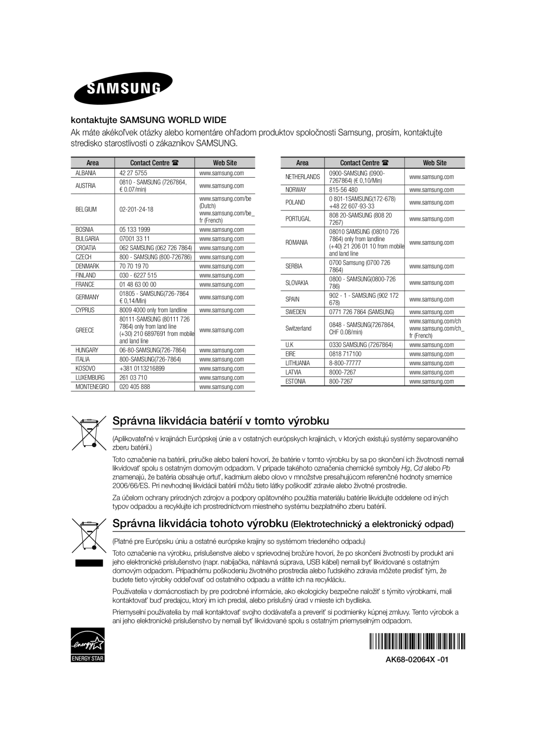 Samsung BD-ES7000/EN manual Správna likvidácia batérií v tomto výrobku, AK68-02064X 