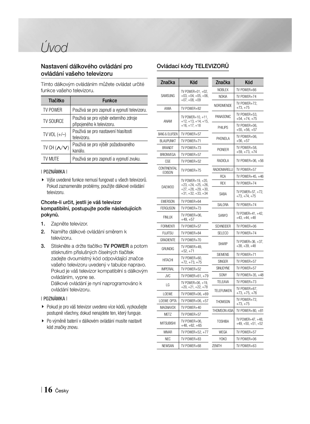 Samsung BD-ES7000/EN manual Nastavení dálkového ovládání pro ovládání vašeho televizoru, Ovládací kódy Televizorů, TV Power 