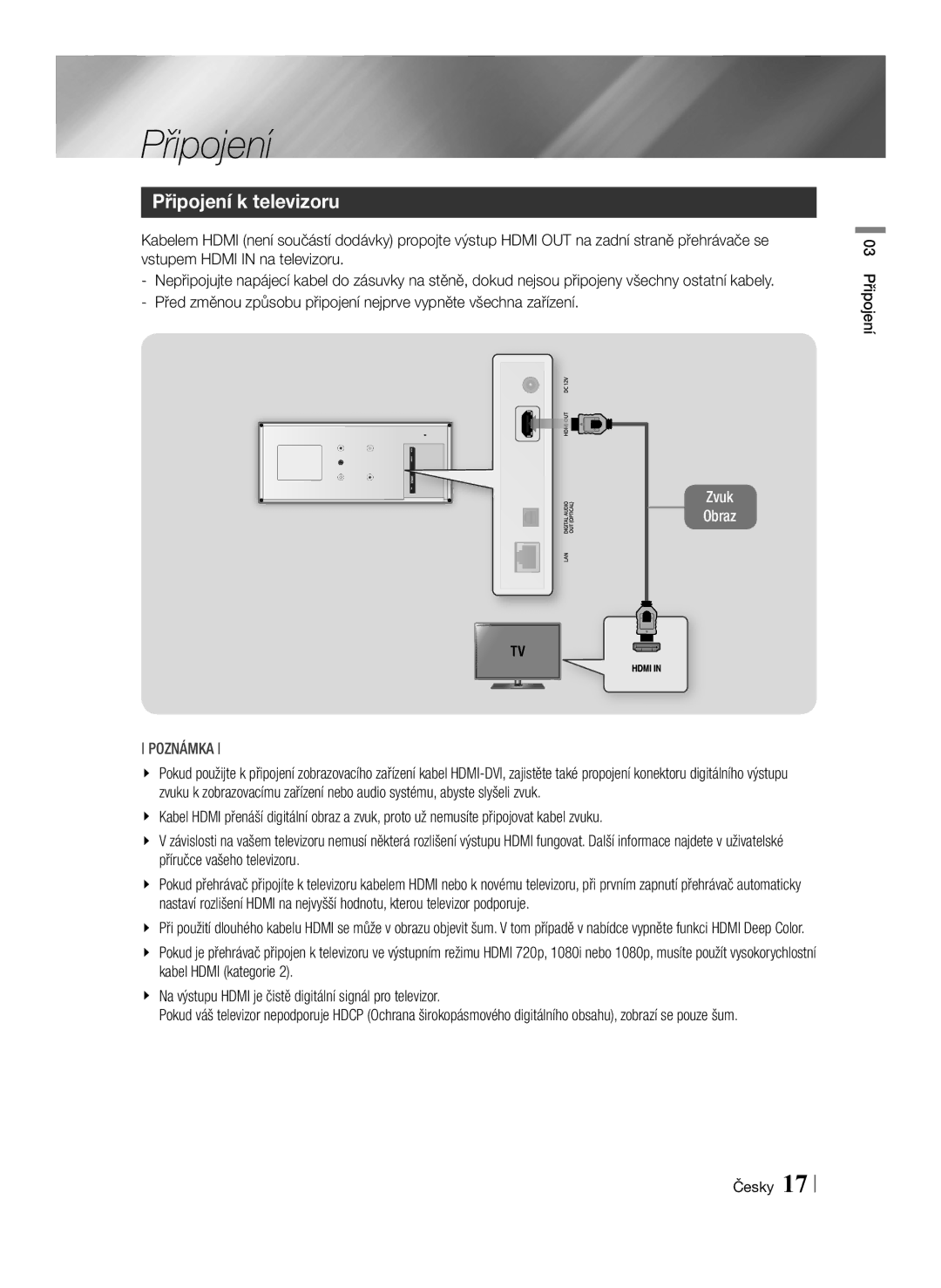 Samsung BD-ES7000/EN manual Připojení k televizoru, 03 Připojení Česky 