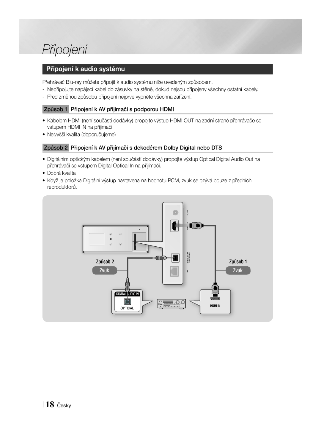 Samsung BD-ES7000/EN manual Připojení k audio systému, Způsob, 18 Česky 