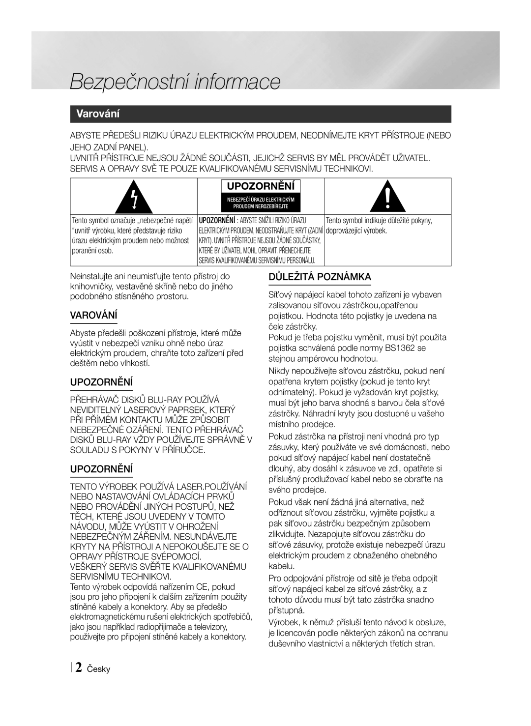 Samsung BD-ES7000/EN manual Bezpečnostní informace, Varování 