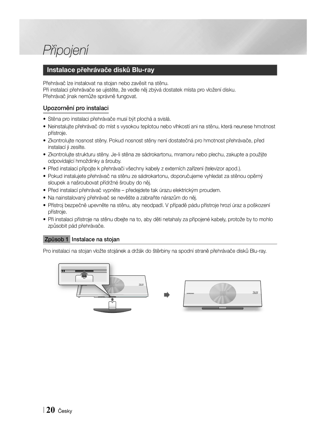 Samsung BD-ES7000/EN manual Instalace přehrávače disků Blu-ray, Upozornění pro instalaci, 20 Česky 