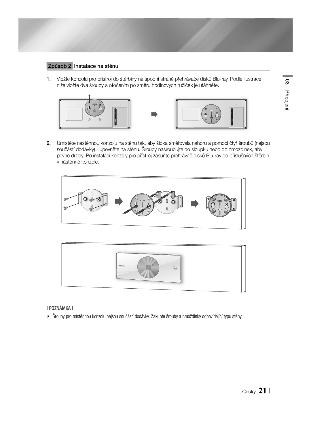 Samsung BD-ES7000/EN manual Způsob 2 Instalace na stěnu 